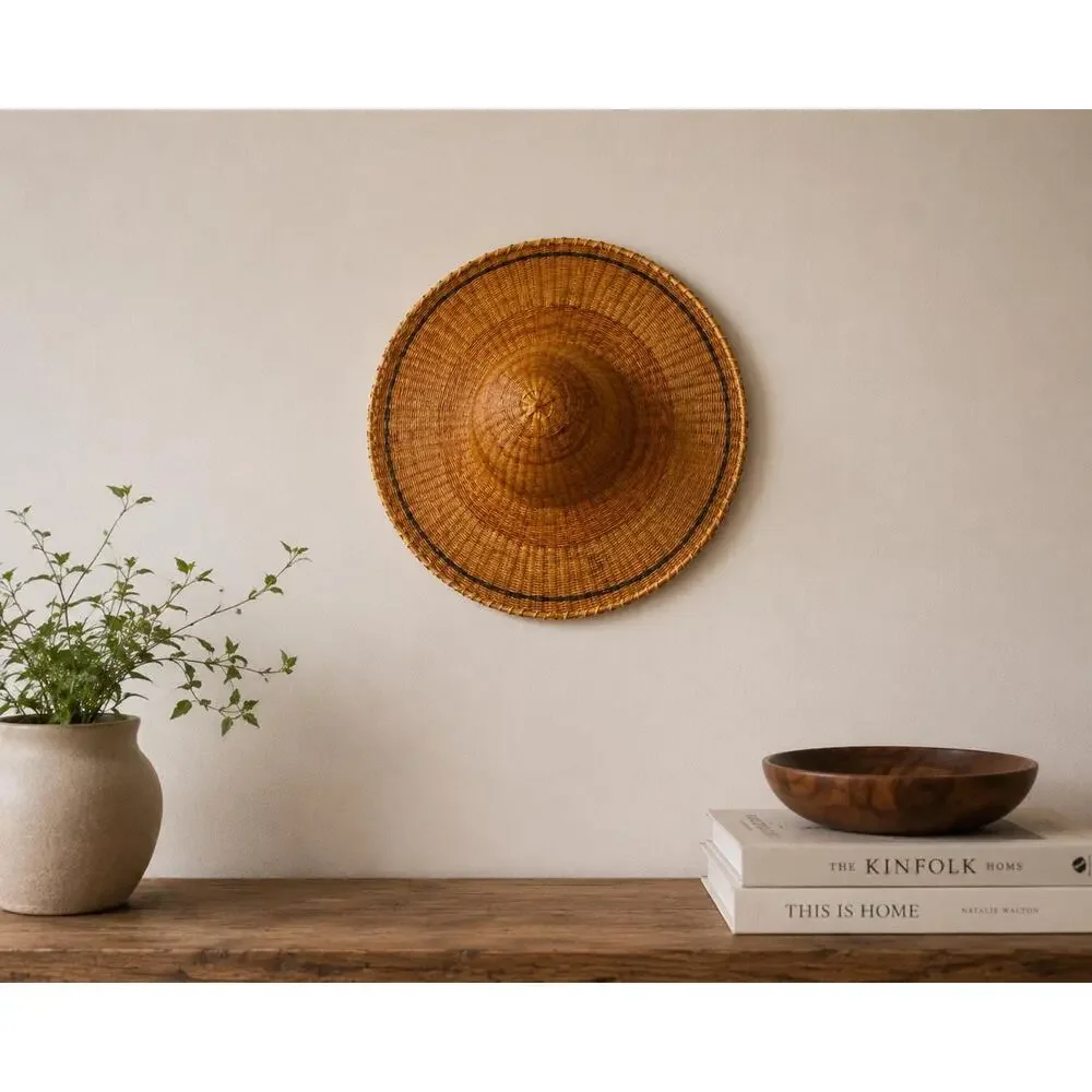 Vintage Handwoven Asian Rattan Sun Hat Large Woven Rice Hat Decorative Wall Art
